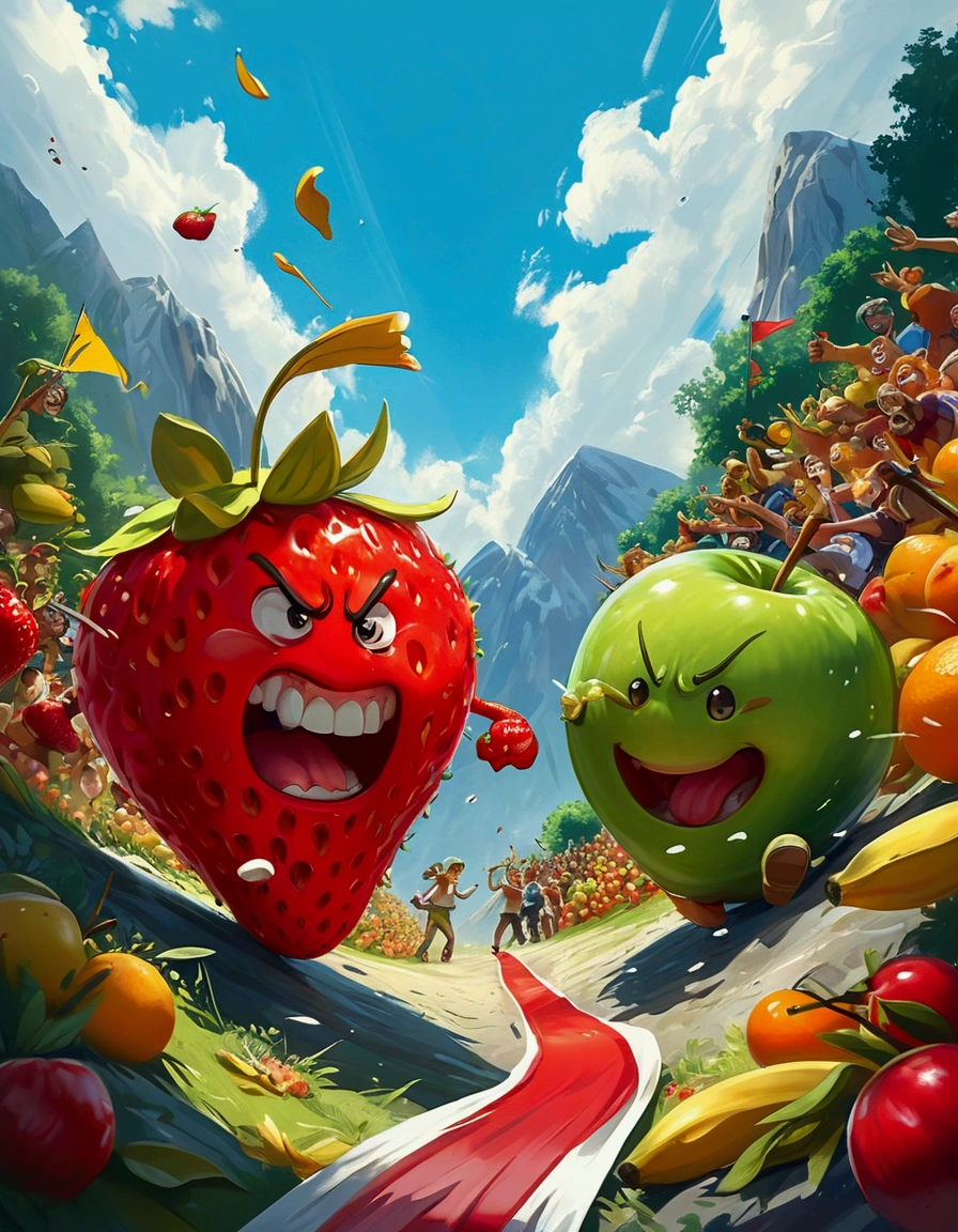 A humorous illustration depicting the concept of competition。A red strawberry and a green apple rolled down the hill，Running like crazy，There is a finish line tape at the bottom of the hill。Strawberry&#39;s facial expression is exaggerated，Demonstrated strong determination and competitive spirit。A group of fruit lovers，Such as bananas、Cherries and oranges，Watching the game eagerly，Cheering and waving flags on the sidelines。Background is a sunny day，The sky is blue，White clouds。The scene is playful and exaggerated，Emphasizes the humor and lightness of the scene。