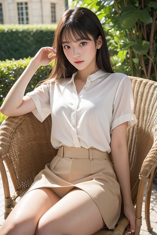 Very beautiful Japanese woman、Around 20 years old、layered cut、Sitting on a wicker chair、Scornful expression、My skin is shining with sweat、The breeze is stirring my hair、Crossing your legs、Sexy pose、stylish、A stylish white blouse and a short beige skirt、Afternoon terrace of a French mansion、The sunlight illuminates the surrounding landscape in pure white.、french movie style、Professional photos with attention to detail、Photorealistic、Highest quality