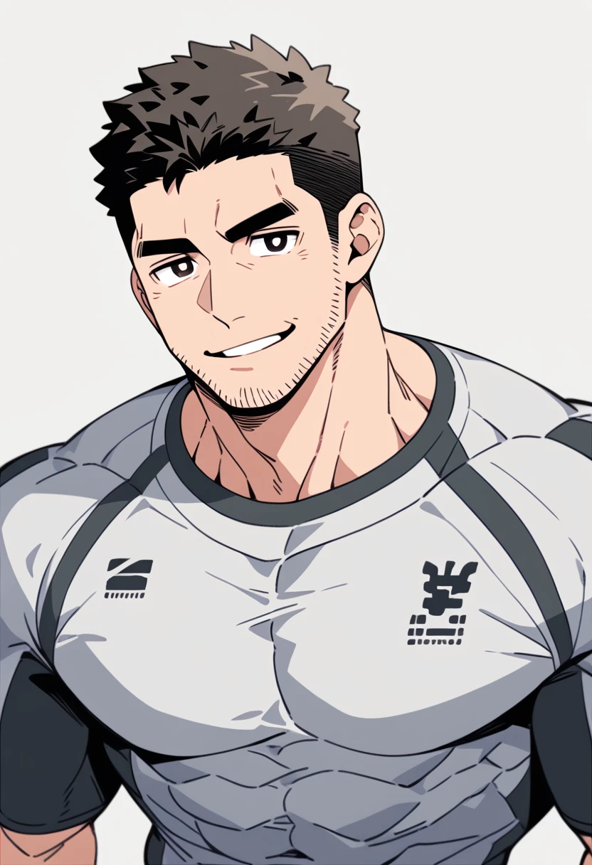 anime characters:Chris Redfield, Muscle Sports Student, Buzz Cut, Manliness, male focus, Sports tight hooded sweatshirt, Wear a black high-necked tights inside, Very tight, Huge chest muscles, muscular male, muscular, only, Upper body, alone, Red short hair, Thick eyebrows, stubble, Brown-red pupils, White background, simple background, amazing quality, best aesthetics, Ridiculous, crew cut, parted lips, smirk, bright pupils, negative space, best quality