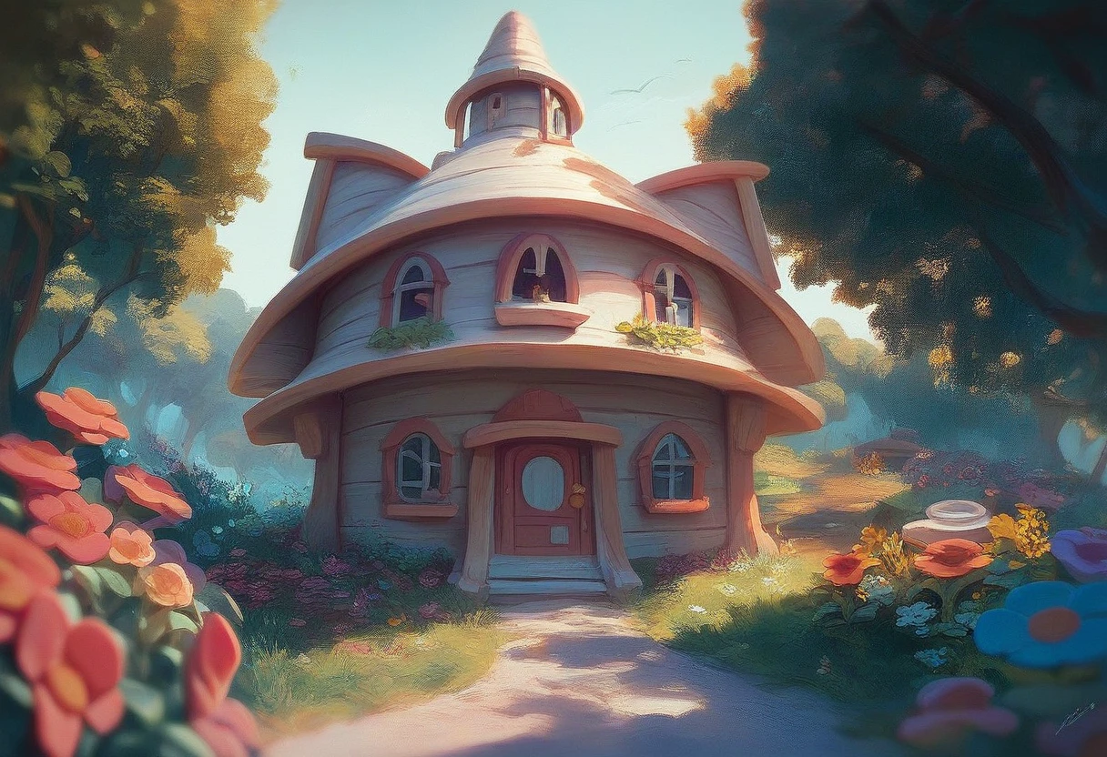 A fascinating illustration, old weathered wooden house, flowers, a sea lies on the left side in the background of the house, a road leads from the house to the sea, illustration, 3D, Disney style