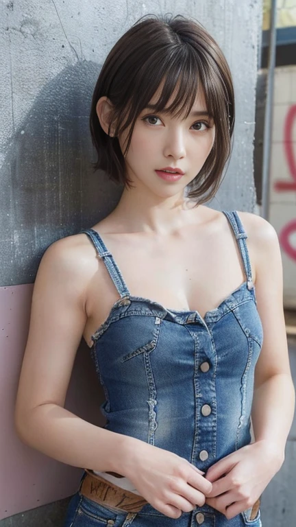 (8k、born、Professional、Highest quality、masterpiece:1.2)、(Genuine、Realistic:1.37)、Very detailed、(18-year-oldの女性のポートレート)、(高いest Detail Skin:1.2)、(高いest detail face:1.2)、1 Female、18-year-old、((Short black hair:1.2)), 8k, (Highest quality), Realistic, (live-action, Intricate details), (Natural skin texture, Detailed skin, Hyperrealism, Sharpness), (汚い路地裏に立つ日本の女子大born, graffitied wall:1.3, Exposed armpits), ((Wear a denim microdress over a nude body, Distressed denim, Front Button Dresses, No sleeve, Open the chest)), (((Small box:1.1))), Fair skin, Sweaty skin, ((Wavy short hair, Pixie Cut Hairstyles)), (neat face, Lips parted), thigh, graffiti:1.5, Street Art, hard lighting:1.3,