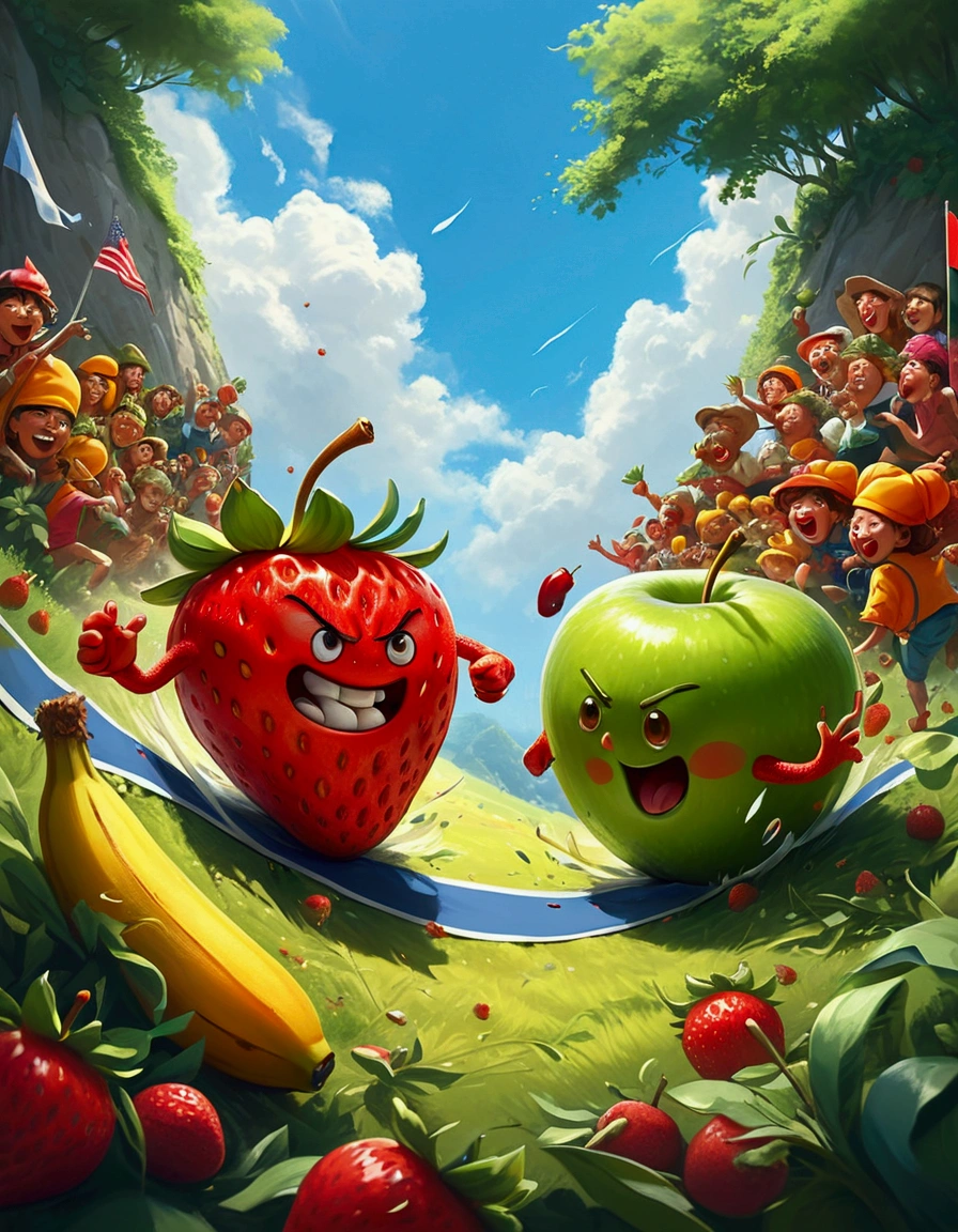 A humorous illustration depicting the concept of competition。A red strawberry and a green apple rolled down the hill，Running like crazy，There is a finish line tape at the bottom of the hill。Strawberry&#39;s facial expression is exaggerated，Demonstrated strong determination and competitive spirit。A group of fruit lovers，Such as bananas、Cherries and oranges，Watching the game eagerly，Cheering and waving flags on the sidelines。Background is a sunny day，The sky is blue，White clouds。The scene is playful and exaggerated，Emphasizes the humor and lightness of the scene。