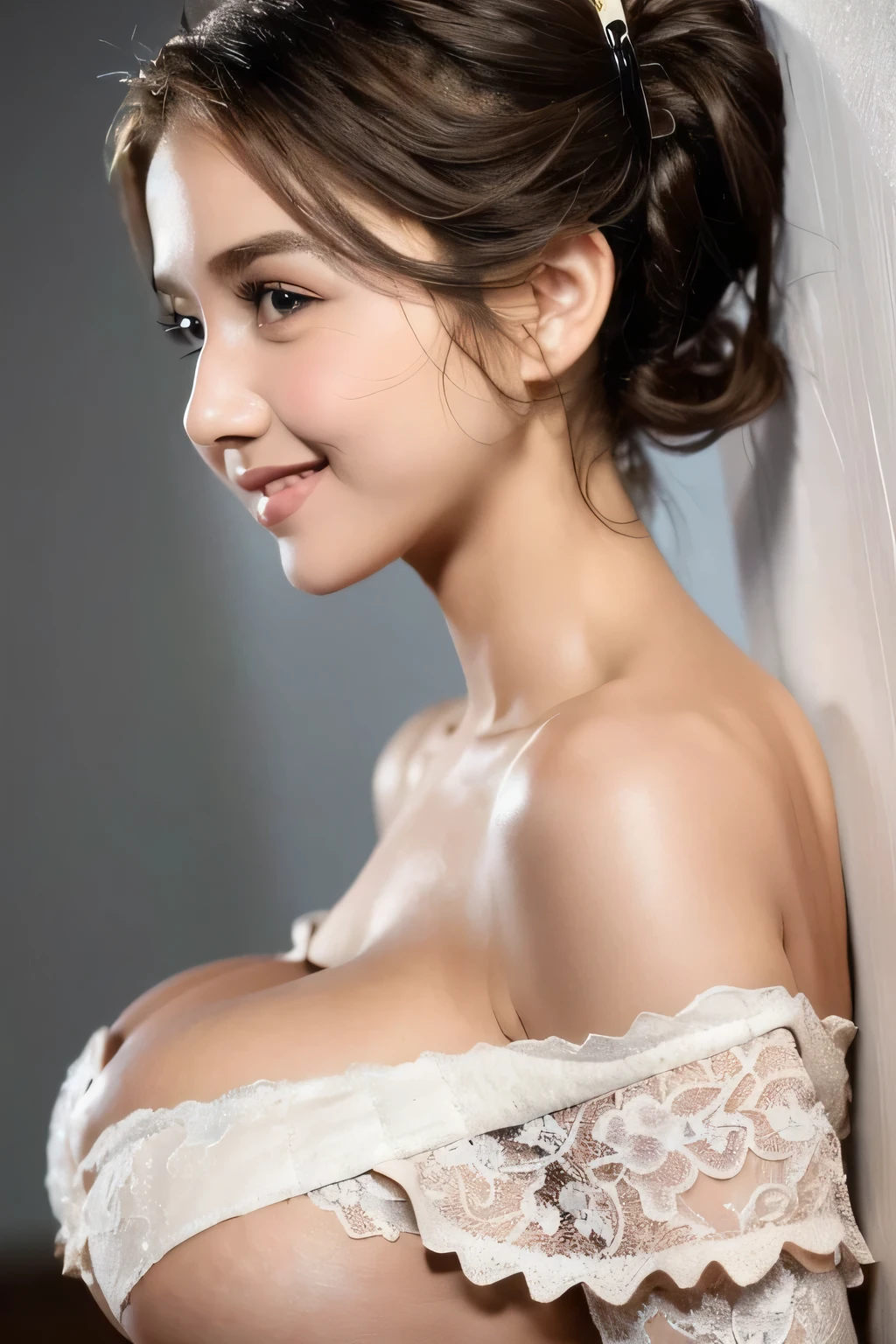 ((Highest quality, 8k, masterpiece: 1.3)), sharp: 1.2, Perfect Body Beauty: 1.6, ((Layered Hairstyles, Big Breasts: 2.5)), (Golden lace dress: 2.0, Off-the-shoulder dress: 2.0, Bold breast exposure: 2.0), (Boldly exposed cleavage: 2.0), ((long hair: 2.0)), ((necklace)), Earrings, ring, Bracelet, Hair Accessories, ((Beautiful young ager woman)), ((Straight nose)), (Eyeliner), Armpit Hair, Bristles, ((White and beautiful skin)), Wavy Hair, Beautiful attention to detail, Super detailed, Highly detailed face and skin texture, fine grain, double eyelid, Black Hair, Big Ass, Lower Body, Thighs, (((Skinny))), Wet and shiny lips, smile, Get a grip on your body, ((Anatomically correct human body)), ((Crisp body shape)), Ribs, clavicle, Protruding skeleton, A face without nasolabial folds, Shyness, Thin eyebrows, Big eyes, (shoot from side: 1.0), (Narrow shoulders: 2.0), (Smile: 1.0), Corset-like dress, White skin