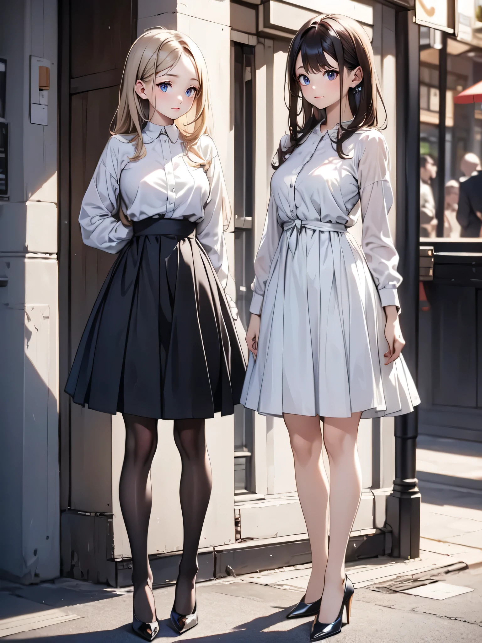 (masterpiece:1.3),(best quality, highest quality),((Full Body Shot,Including face)),1girl,4K,masterpiece,((Focus on the face)),((Symmetrical facial features)),Beautiful woman,(Slender),((High heels,Patterned stockings with straps)),Detailed depiction of the face, Cafe clerk ,In front of the entrance,profile,Long skirt,Slenderな女性,Cafe uniform,Age 25