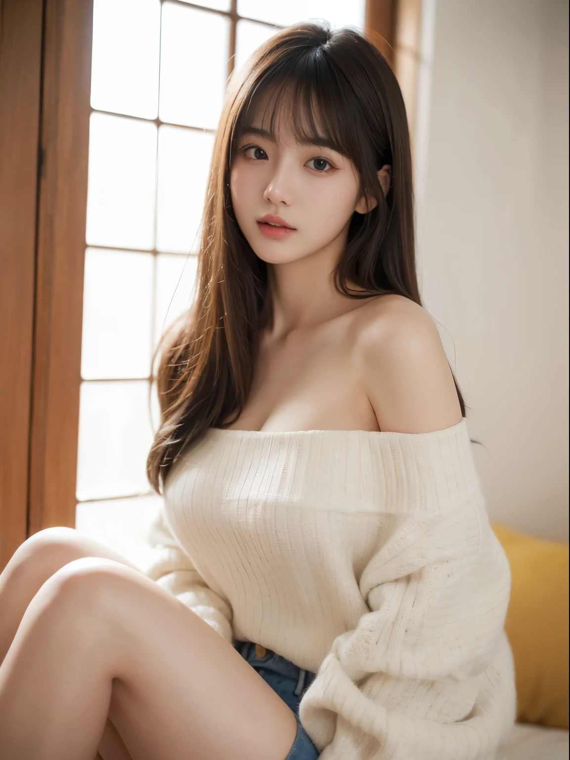 (8k, Top quality, Masterpiece:1.2), (Realistic, photo-realistic:1.37), Super detailed, perfect anatomy, cute, small eyes, silver hair, 18 years old, a Japanese, girl, off shoulder, huge breast, bangs,