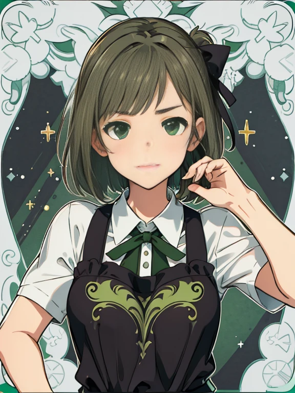 (Masterpiece: 1.1 points), (Top-notch: 1.1 points), (Perfect face: 1.2 points), (Attention to detail: 1.1 points), Unique, (Healthy skin), Cartoon, Deformed, Full body, White skin, (Dark green glossy hair), (Bright green tips), (Large black ribbon at side), Green eyes, Black string apron, White top, short sleeves, top under black tank, (cheerful), mouth open, looking at camera, close-up of front face, background, coffee shop, plain, serving food, breakfast