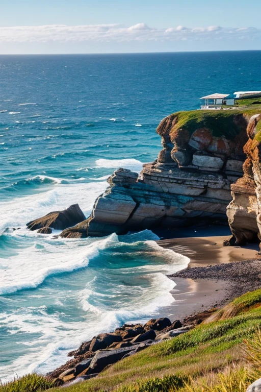 sea breeze, blowing from the ocean,  and the singing of seagulls over the coastal rocks. (Attributes: ocean, rocks, seagulls, wind, sea)