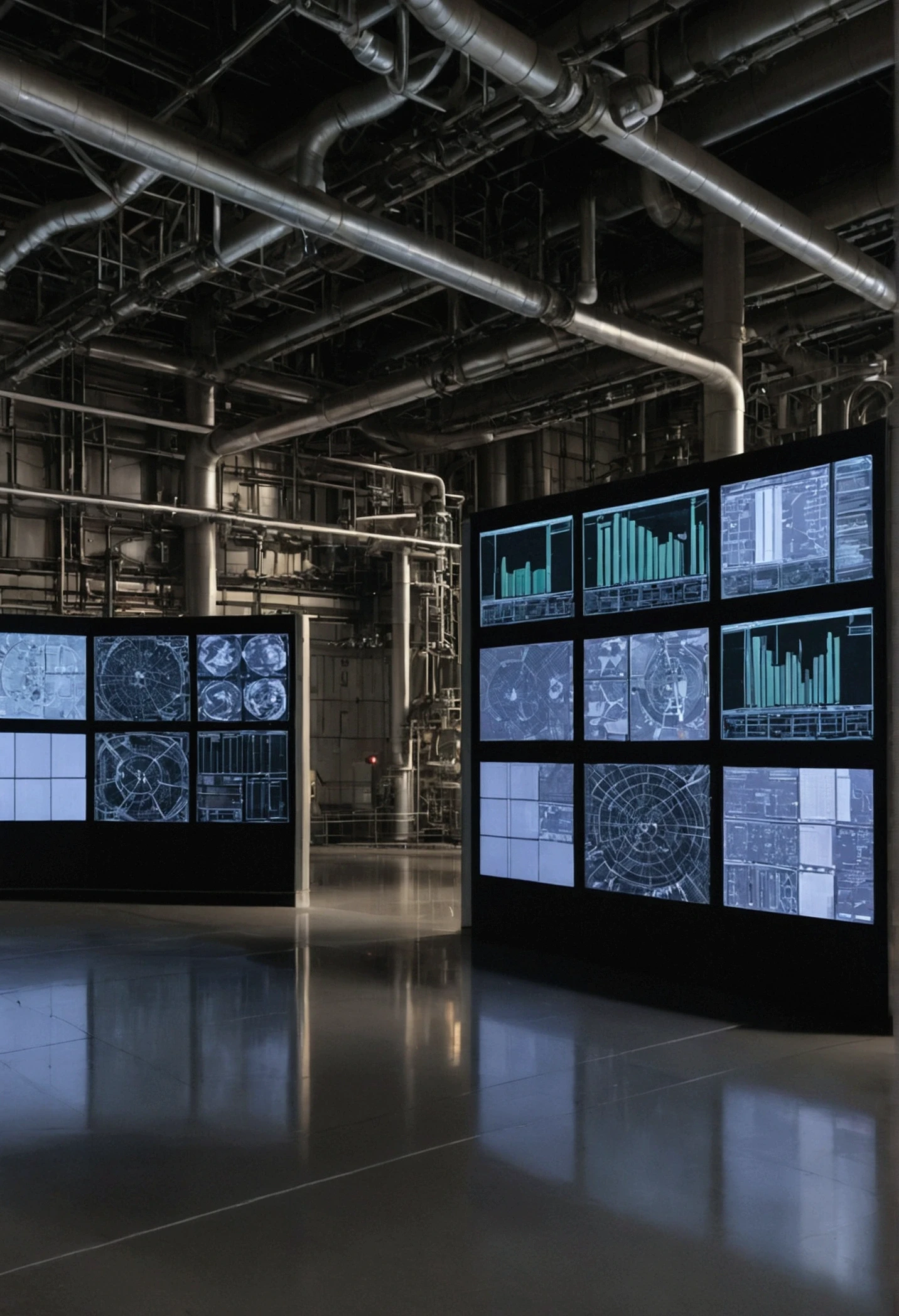 Generate an image of a wall inside a nuclear power plant facility. The perspective is directly in front of the wall. The wall features a network of large, industrial pipes running vertically and horizontally. There are several screens mounted on the wall, displaying various data and graphs. The floor is smooth, grey concrete, and the lighting is industrial, casting shadows across the scene. The overall atmosphere should be functional and utilitarian, reflecting the technical and robust nature of a nuclear power plant.