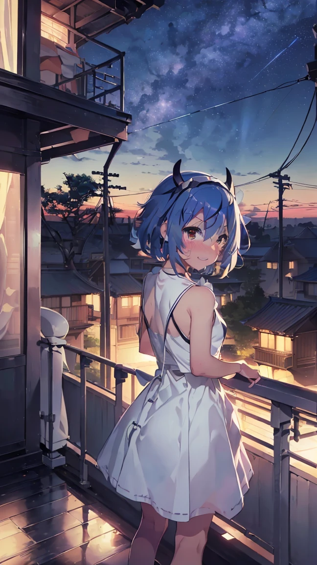 masterpiece, Highest quality, High resolution, Very detailed,(((Mikoto Naruka))), (((night)))、(((laughing。)))、(((Standing in the distance))), (((Facing forward。))), (((Back view))), (((electric wire))), (((Electric pole))), (((Wearing a white dress。))), (((Balcony))), (((handrail))), (((Against the background of the starry sky))), (((Blushing。)))