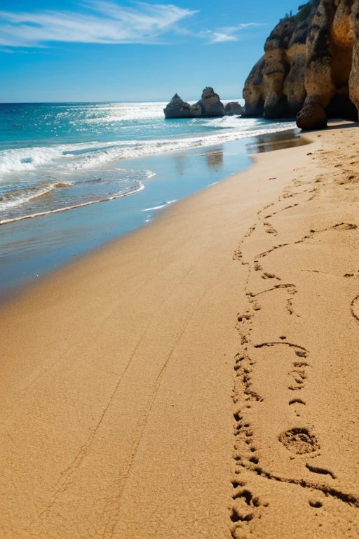 Теплое сияние солнца на золотистом песке beachа в Algarve. (Attributes: Algarve, beach, sand, Sun, Warm)