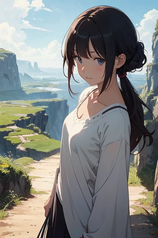 One girl, solo, chest, Shortcuts, accurate, meditation, Simple Background, Character profile, View landscape, moving line, Illustration, anime風, anime, Ghibli-style colors, 