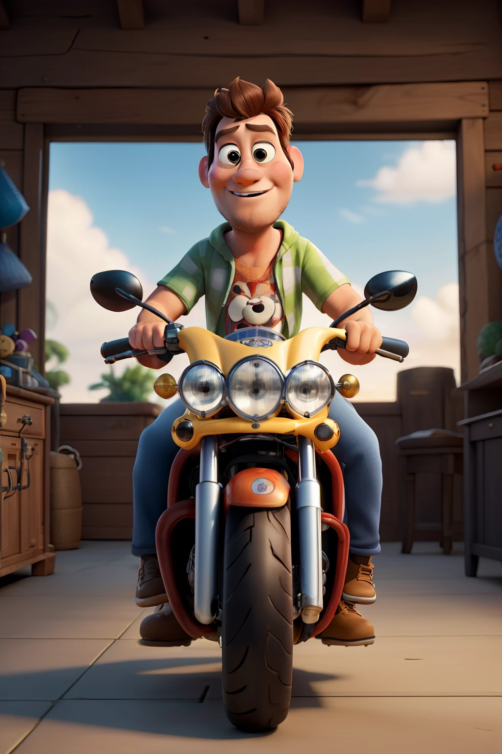 ((best qualityer)), ((Disney Pixar Cartoon)), (detailded), 3d crazy dog cartoon on motorcycle