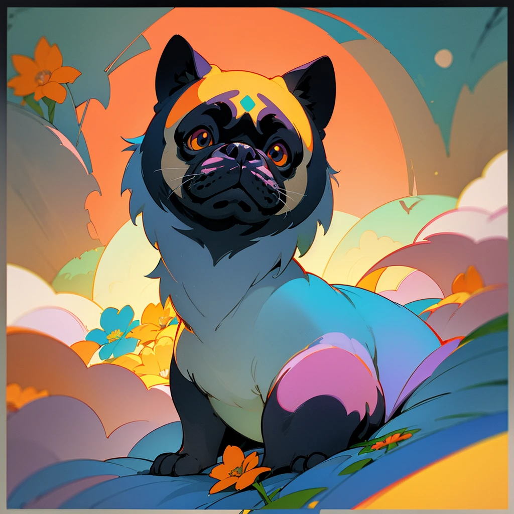 STICKER, A detailed illustration a print of vivid cute Black Pug head, fantasy flowers splash, vintage t-shirt design, in the style of Studio Ghibli, white and orange flora pastel tetradic colors, 3D vector art, cute and quirky, fantasy art, watercolor effect, bokeh, Adobe Illustrator, hand-drawn, digital painting, low-poly, soft lighting, bird's-eye view, isometric style, retro aesthetic, focused on the character, 4K resolution, photorealistic rendering, using Cinema 4D