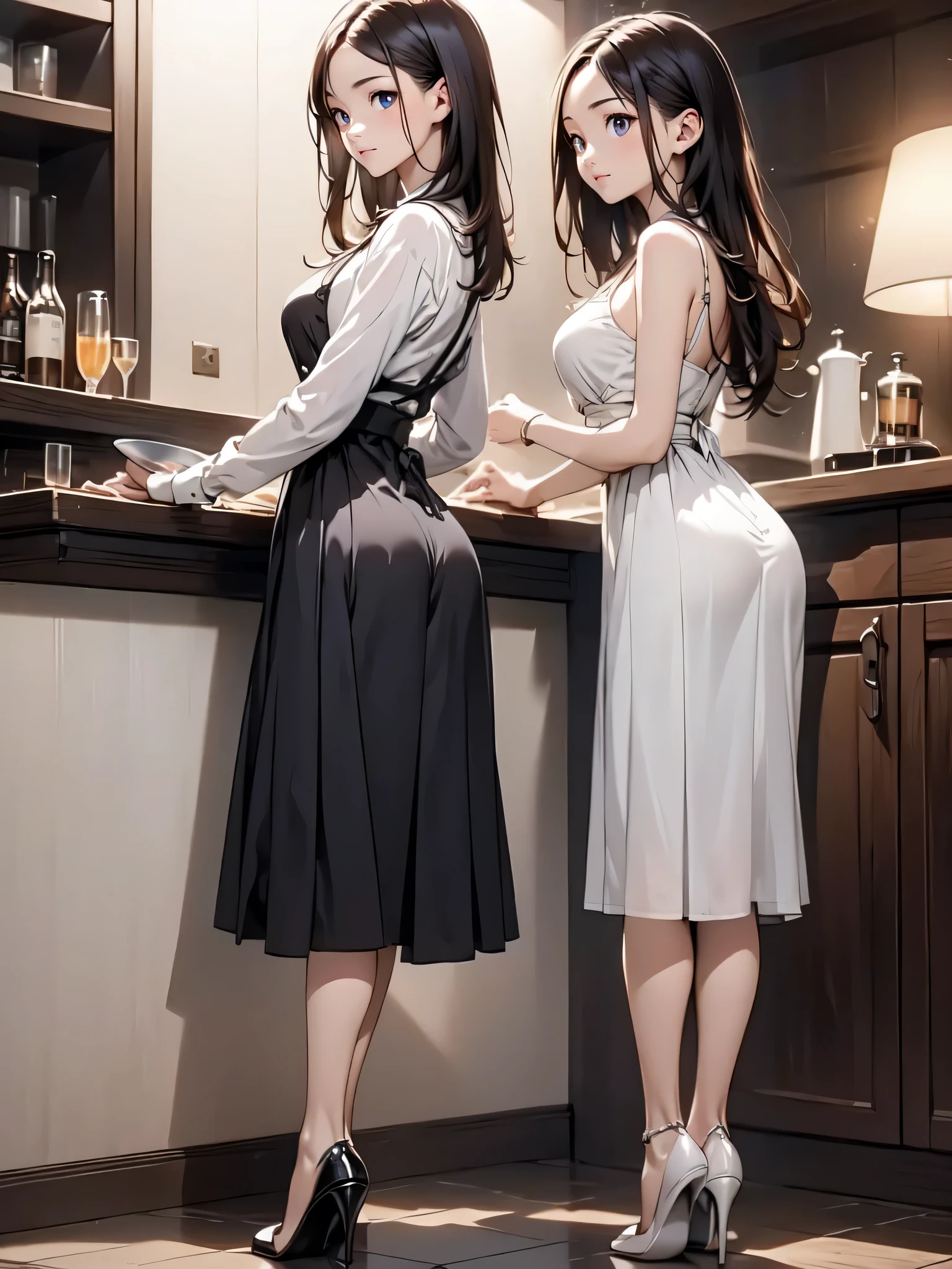 (masterpiece:1.3),(best quality, highest quality),((Full Body Shot,Including face)),1girl,4K,masterpiece,((Focus on the face)),((Symmetrical facial features)),Beautiful woman,(Slender),((High heels,Patterned stockings with straps)),Detailed depiction of the face, Cafe clerk ,bar counter,profile,Long skirt,Slenderな女性,Cafe uniform,Age 25、Wiping the dishes