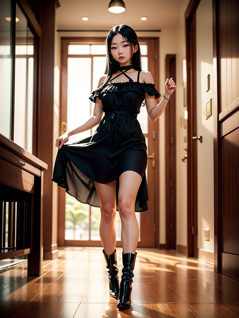 beautiful Asian girl in full growth stands on the floor sideways, long black hair, looks sideways, extends his hand, Stylish modern clothes, sundress, high heel boots