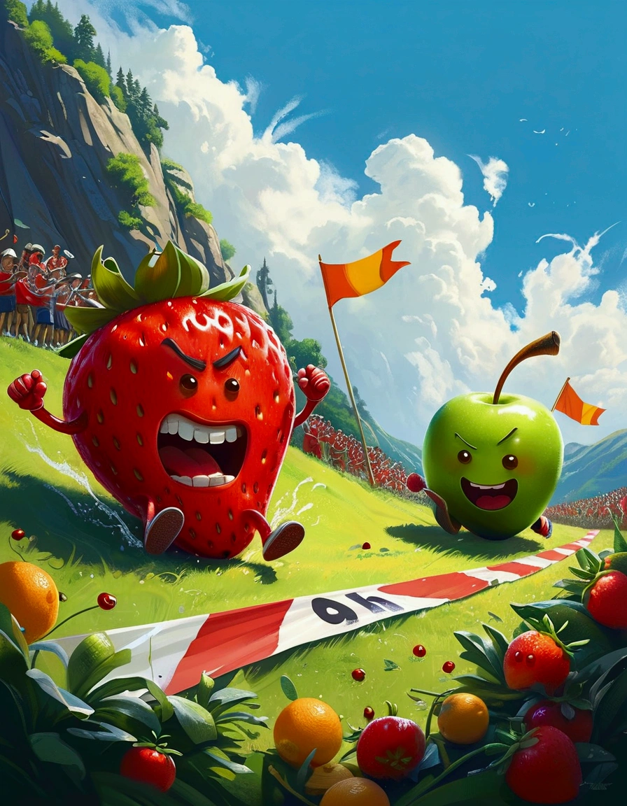 A humorous illustration depicting the concept of competition。A red strawberry and a green apple rolled down the hill，Running like crazy，There is a finish line tape at the bottom of the hill。Strawberry&#39;s facial expression is exaggerated，Demonstrated strong determination and competitive spirit。A group of fruit lovers，Such as bananas、Cherries and oranges，Watching the game eagerly，Cheering and waving flags on the sidelines。Background is a sunny day，The sky is blue，White clouds。The scene is playful and exaggerated，Emphasizes the humor and lightness of the scene。