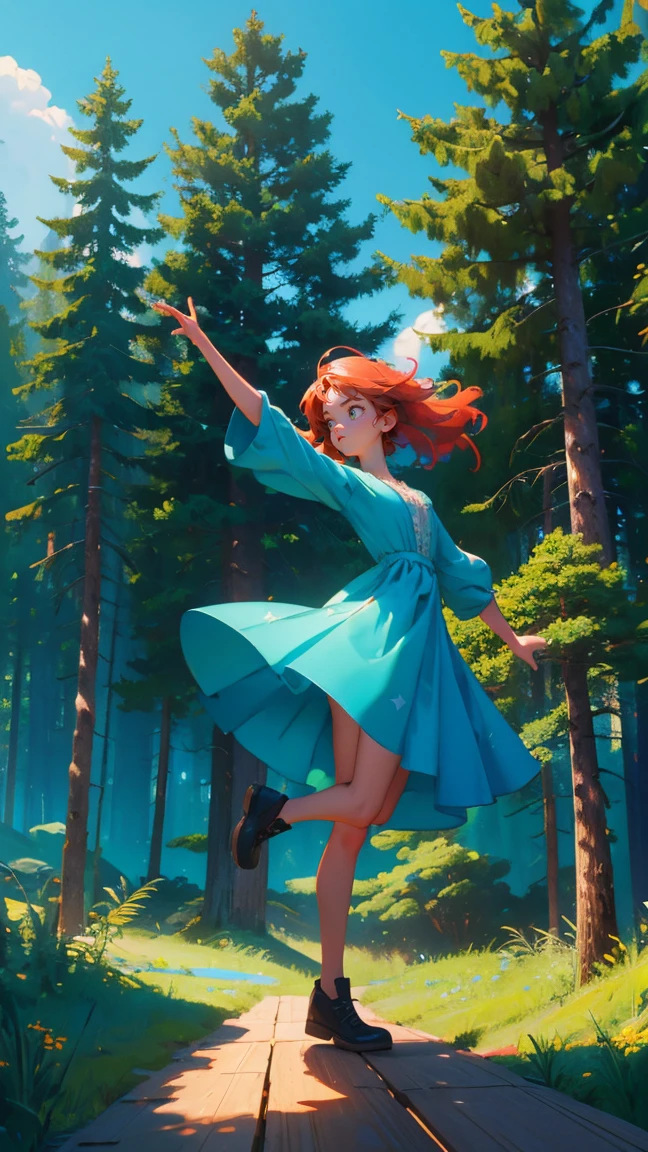 3d illustration, a beautiful girl holding the word "register" with one hand and standing on the hind legs, jumping in front of a microphone stand, a stage shaped like a tree trunk is behind him, the background features a forest landscape, green plants and blue sky, the dress lifts showing the panties, Pixar style cartoon character design, Disney-style animation, made of wooden planks, dynamic pose, high resolution, high détail, high texture, octane rendering, 2D cartoon style, colorful colors, bold lines, natural lighting, cinematic