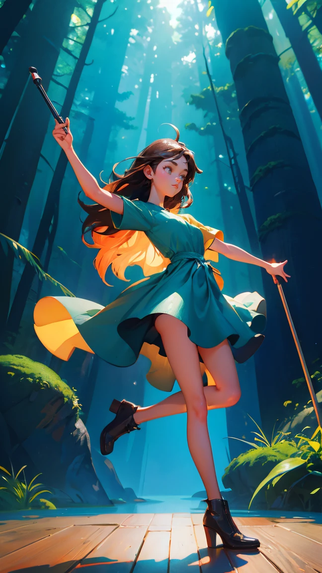 3d illustration, a beautiful girl holding the word "register" with one hand and standing on the hind legs, jumping in front of a microphone stand, a stage shaped like a tree trunk is behind him, the background features a forest landscape, green plants and blue sky, the dress lifts showing the panties, Pixar style cartoon character design, Disney-style animation, made of wooden planks, dynamic pose, high resolution, high détail, high texture, octane rendering, 2D cartoon style, colorful colors, bold lines, natural lighting, cinematic