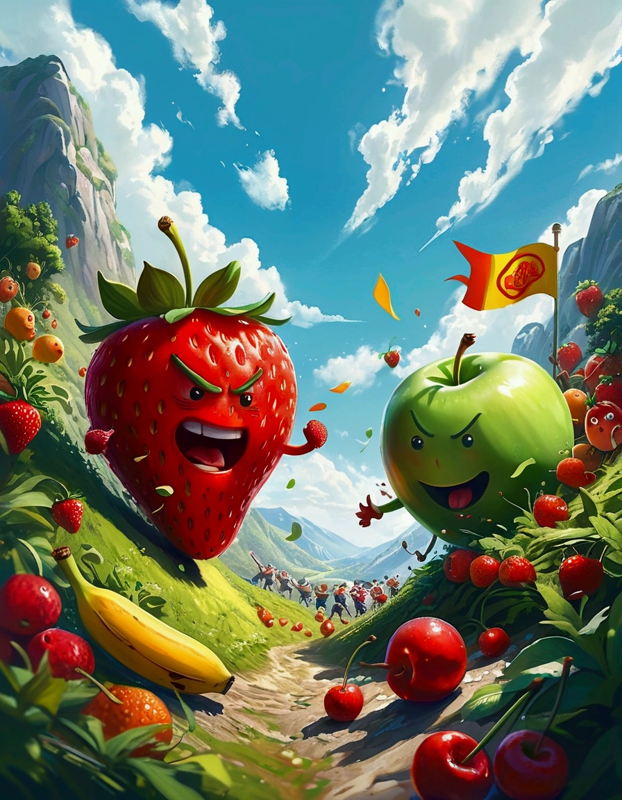 A humorous illustration depicting the concept of competition。A red strawberry and a green apple rolled down the hill，Running like crazy，There is a finish line tape at the bottom of the hill。Strawberry&#39;s facial expression is exaggerated，Demonstrated strong determination and competitive spirit。A group of fruit lovers，Such as bananas、Cherries and oranges，Watching the game eagerly，Cheering and waving flags on the sidelines。Background is a sunny day，The sky is blue，White clouds。The scene is playful and exaggerated，Emphasizes the humor and lightness of the scene。