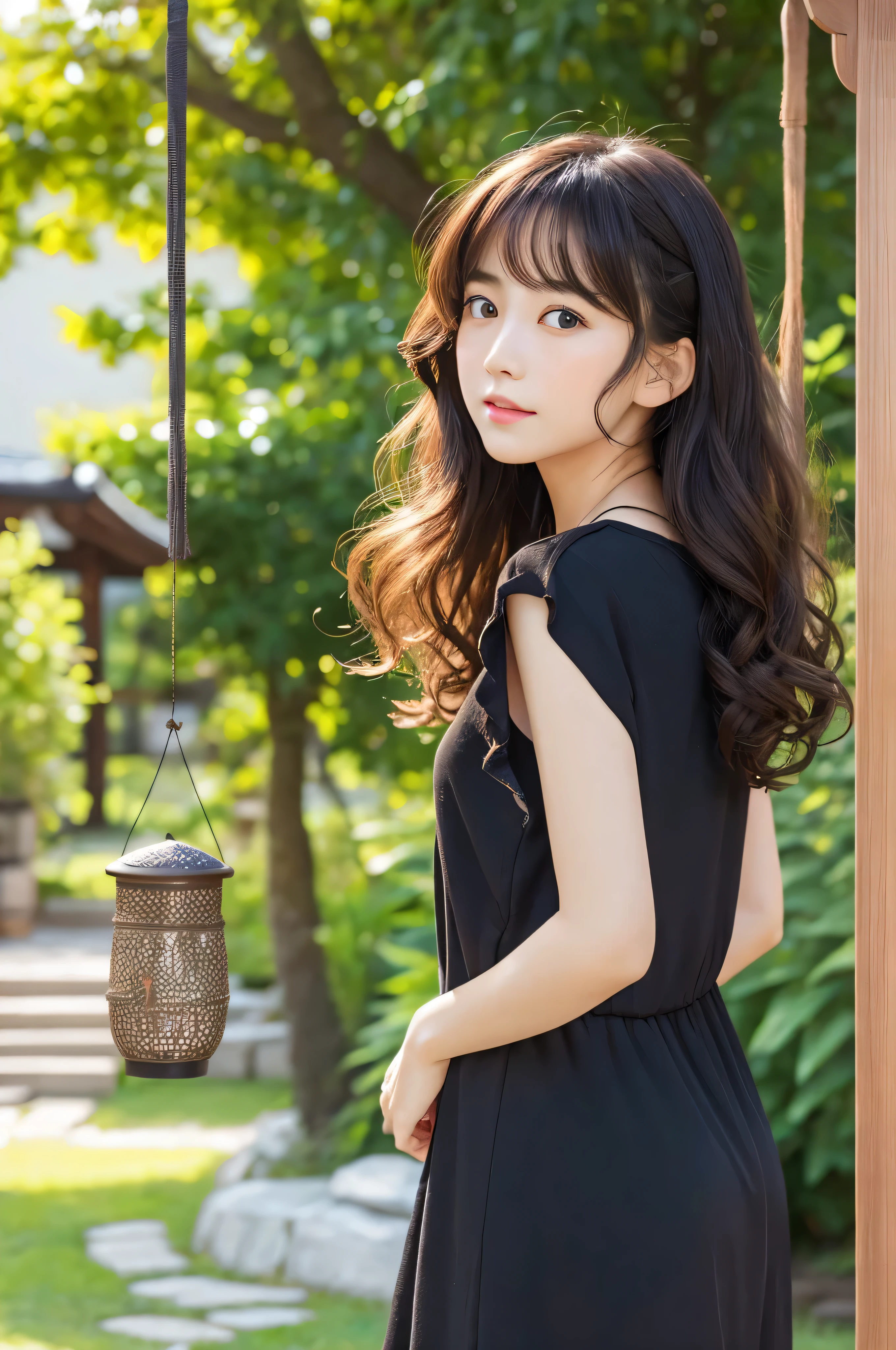 Japanese　Loose fluffy curls　　beautiful　photograph　Real　front　Whitening　Looking back　Small face　adult　summer　whole body　Beautiful feet　Black dress　sneakers　wind chimes　live-action　Highest quality