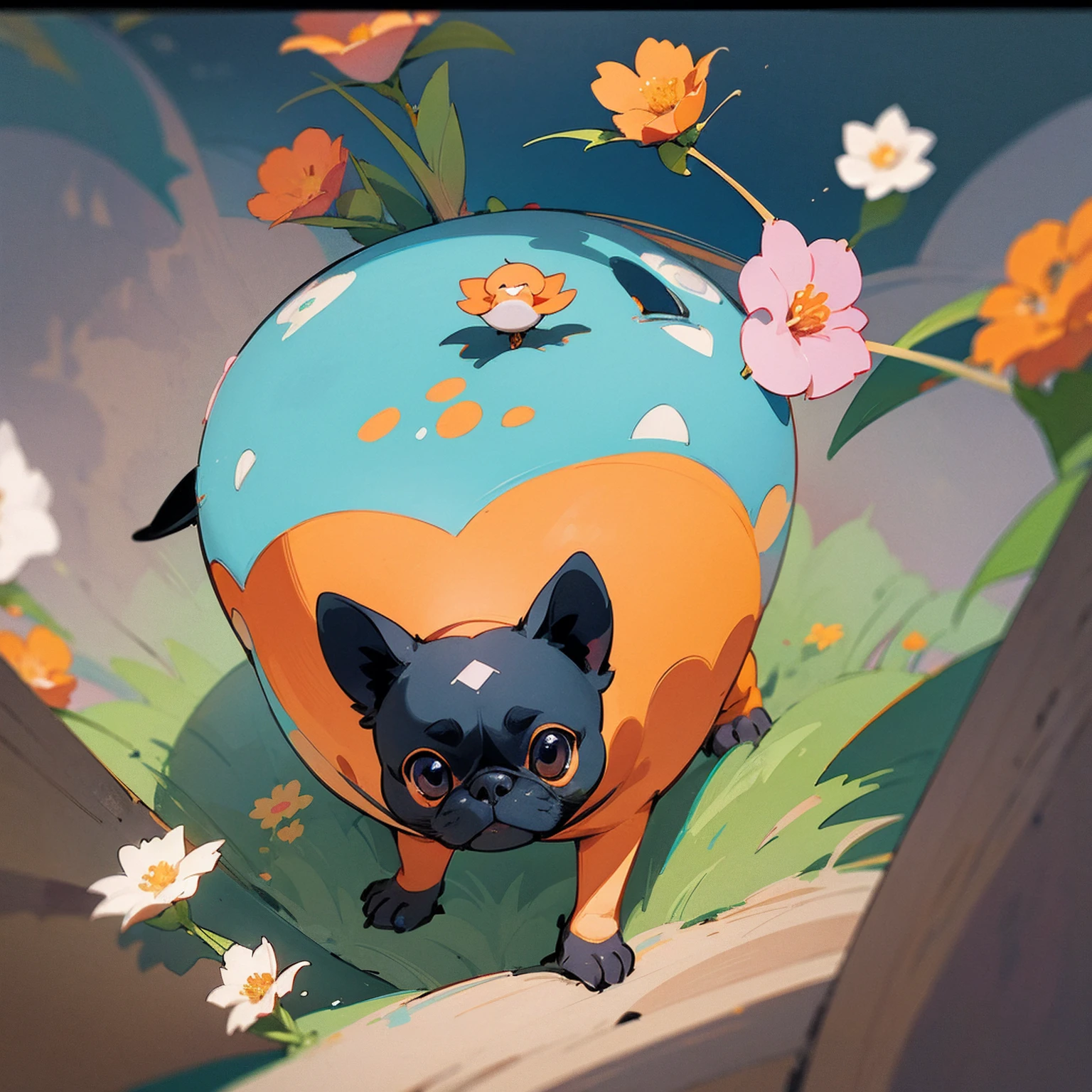 STICKER, A detailed illustration a print of vivid cute Black Pug head, fantasy flowers splash, vintage t-shirt design, in the style of Studio Ghibli, white and orange flora pastel tetradic colors, 3D vector art, cute and quirky, fantasy art, watercolor effect, bokeh, Adobe Illustrator, hand-drawn, digital painting, low-poly, soft lighting, bird's-eye view, isometric style, retro aesthetic, focused on the character, 4K resolution, photorealistic rendering, using Cinema 4D