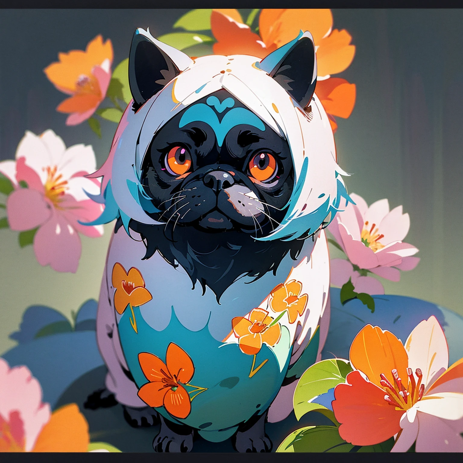 STICKER, A detailed illustration a print of vivid cute Black Pug head, fantasy flowers splash, vintage t-shirt design, in the style of Studio Ghibli, white and orange flora pastel tetradic colors, 3D vector art, cute and quirky, fantasy art, watercolor effect, bokeh, Adobe Illustrator, hand-drawn, digital painting, low-poly, soft lighting, bird's-eye view, isometric style, retro aesthetic, focused on the character, 4K resolution, photorealistic rendering, using Cinema 4D