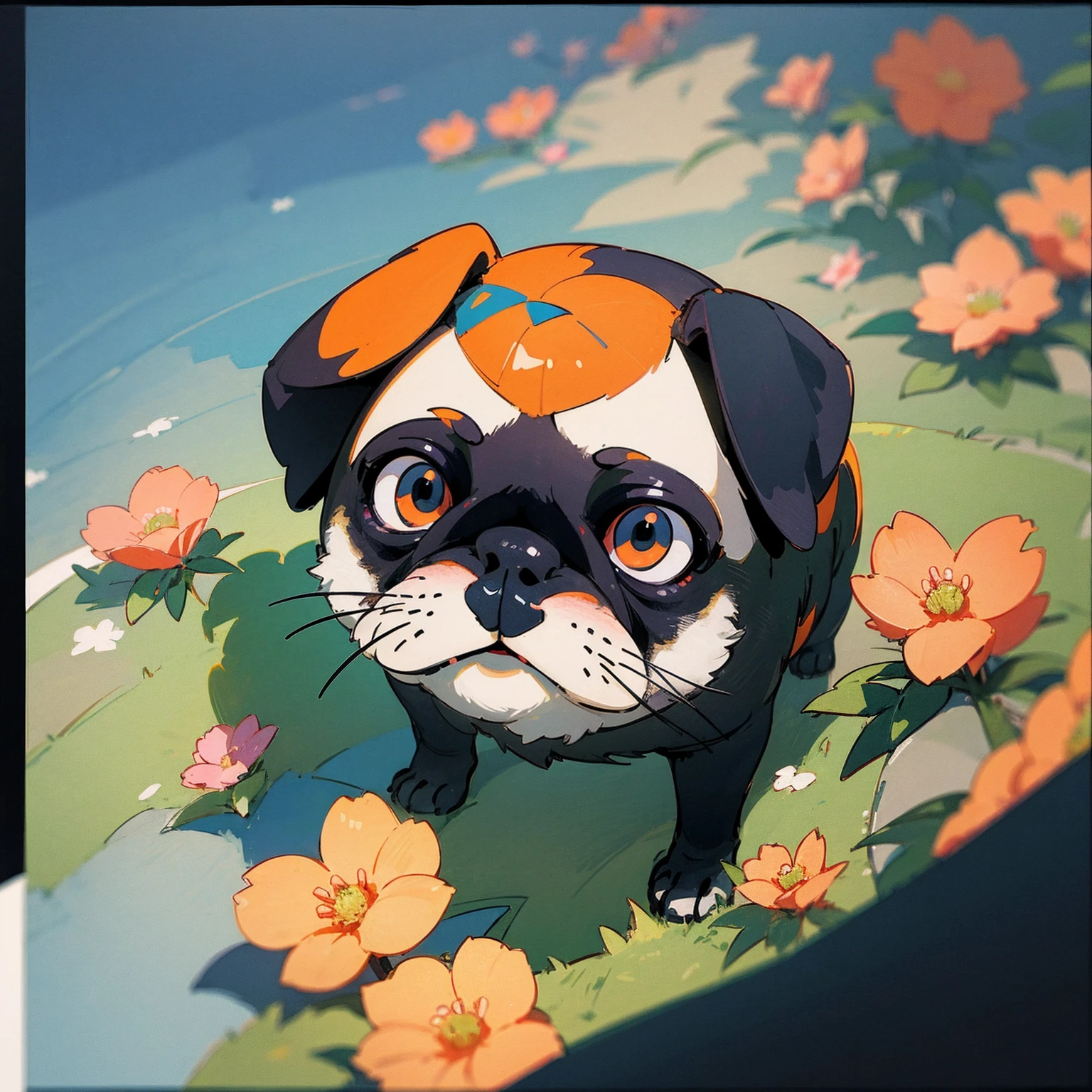 STICKER, A detailed illustration a print of vivid cute Black Pug head, fantasy flowers splash, vintage t-shirt design, in the style of Studio Ghibli, white and orange flora pastel tetradic colors, 3D vector art, cute and quirky, fantasy art, watercolor effect, bokeh, Adobe Illustrator, hand-drawn, digital painting, low-poly, soft lighting, bird's-eye view, isometric style, retro aesthetic, focused on the character, 4K resolution, photorealistic rendering, using Cinema 4D