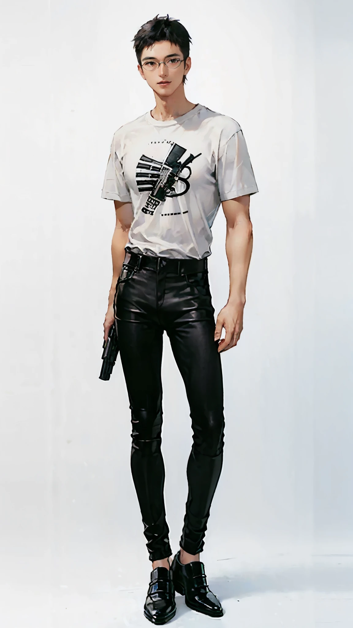 (Highest quality、masterpiece、High resolution、High quality)、(Sparkling eyes、High qualityな美しい顔)、(Colt Python 357 Magnum: 1.8、He has a gun in his right hand: 1.5)、(1 male: 1.8、Glasses、51 years old)、(White hair short: 1.3)、BREAK、(Pure white T-shirt: 1.5、black skinny pants: 1.7)、(Black leather shoes: 1.6)Left hand in trouser pocket、BREAK、。 Simple Background、Quiet Pose、Cool animation、uncle、BREAK。