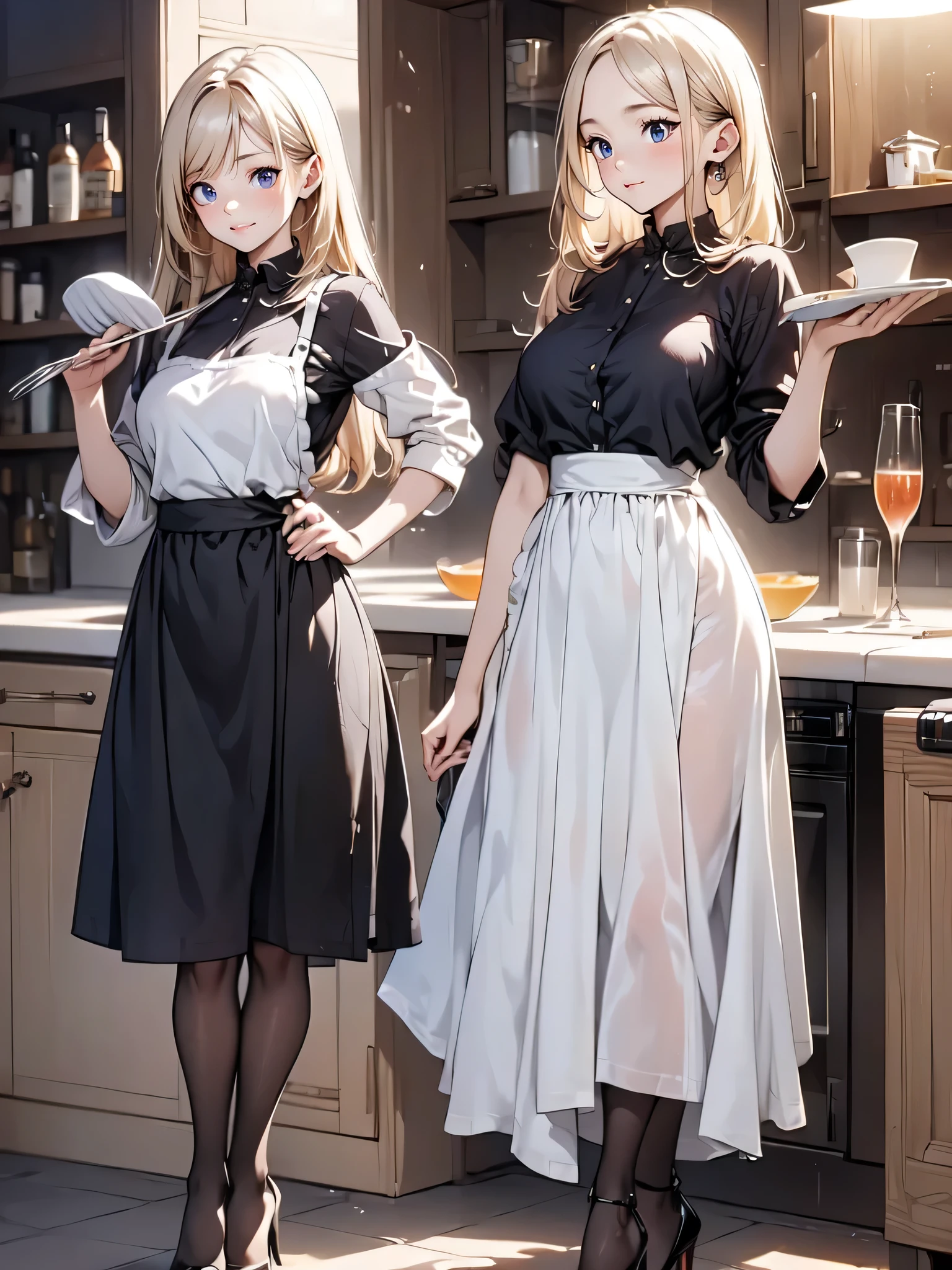 (masterpiece:1.3),(best quality, highest quality),((Full Body Shot,Including face)),()1girl,4K,masterpiece,((Focus on the face)),((Symmetrical facial features)),Beautiful woman,(Slender),((High heels,Patterned stockings with straps)),Detailed depiction of the face, Cafe clerk ,bar counter,profile,Long skirt,Slenderな女性,Cafe uniform,Age 25,(Wiping the dishes:1.5)