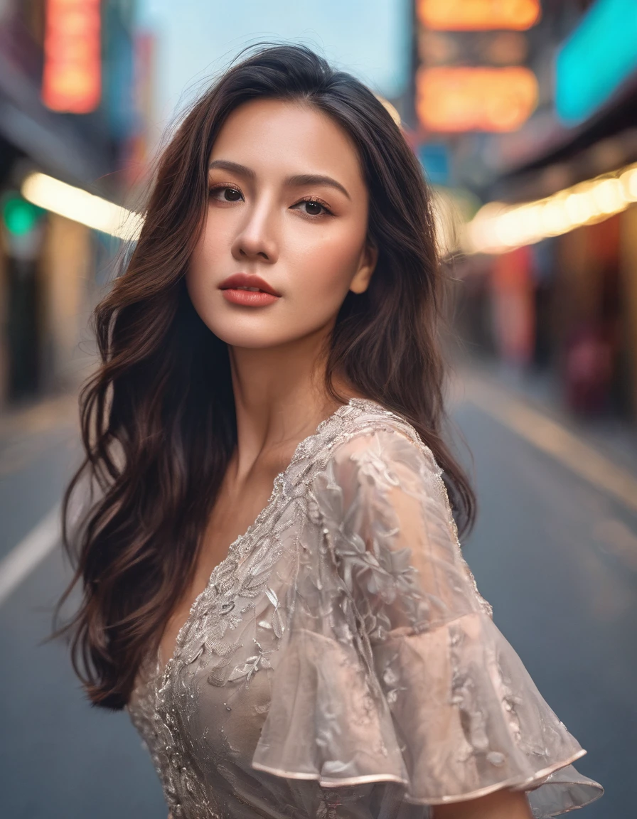 Photo of a woman with long brown hair, ((portrait)), (detailed face: 1.2)), (detailed facial features)), High detail, (cool color), reflection, (Art Teacher) (perfect proportions) (Realistic photos) (highest quality), taken with Canon EOS R5, 50mm lens, f/2.8, HdR, (8k) (wallpaper) (film lighting) (Dramatic lighting) (sharp focus) (complex), (sexy short dress, heels), ((Full body shot)), (((Exterior background in streets at night))), neon lights