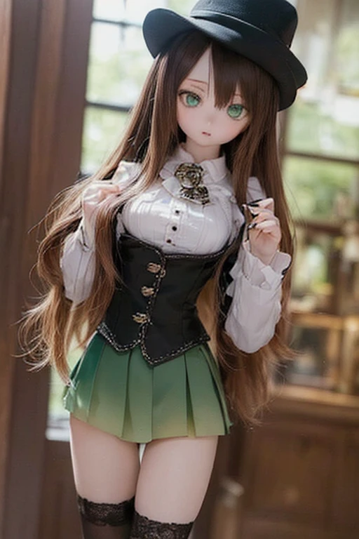 (SFW:2), photorealistic, realistic photo, 8k, ((highest quality)), ((masterpiece)), (extremely detailed), kukolnydom, doll, (mature woman, 21yo, 21 years old, solo:1.6), ((cowboy shot, standing, head tilt, slim, slender, skinny, medium breasts, bowler hat, ascot, blouse, long puff sleeves, corset skirt, thighhigh socks)), (green eyes, brown hair, long hair, plastic skin, looking at another, glass eyes, gradient eyes, shining eyes, detailed eyes:1.3)