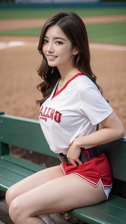 1 girl、(Age 27)、(Highest quality), Realistic, Very detailed, finely, High resolution, (8k), One beautiful woman, (Starry Sky Baseball Stadium)、(Taiwan Rakuten Cheerleaders),(A white T-shirt with a red Rakuten logo))、((Red Belt))、((White shorts))、((From the whole body to the toes:1.3)、((Full Body Shot:1.3))、(Big Breasts)、(Big Ass),(Look back and laugh)、 (Look at me and smile),(Side Shot)、(Side view:1.3)、(photoRealistic:1.3),(From the whole body to the toes:1.3)、(Sit on a bench)、(A smile showing white teeth),