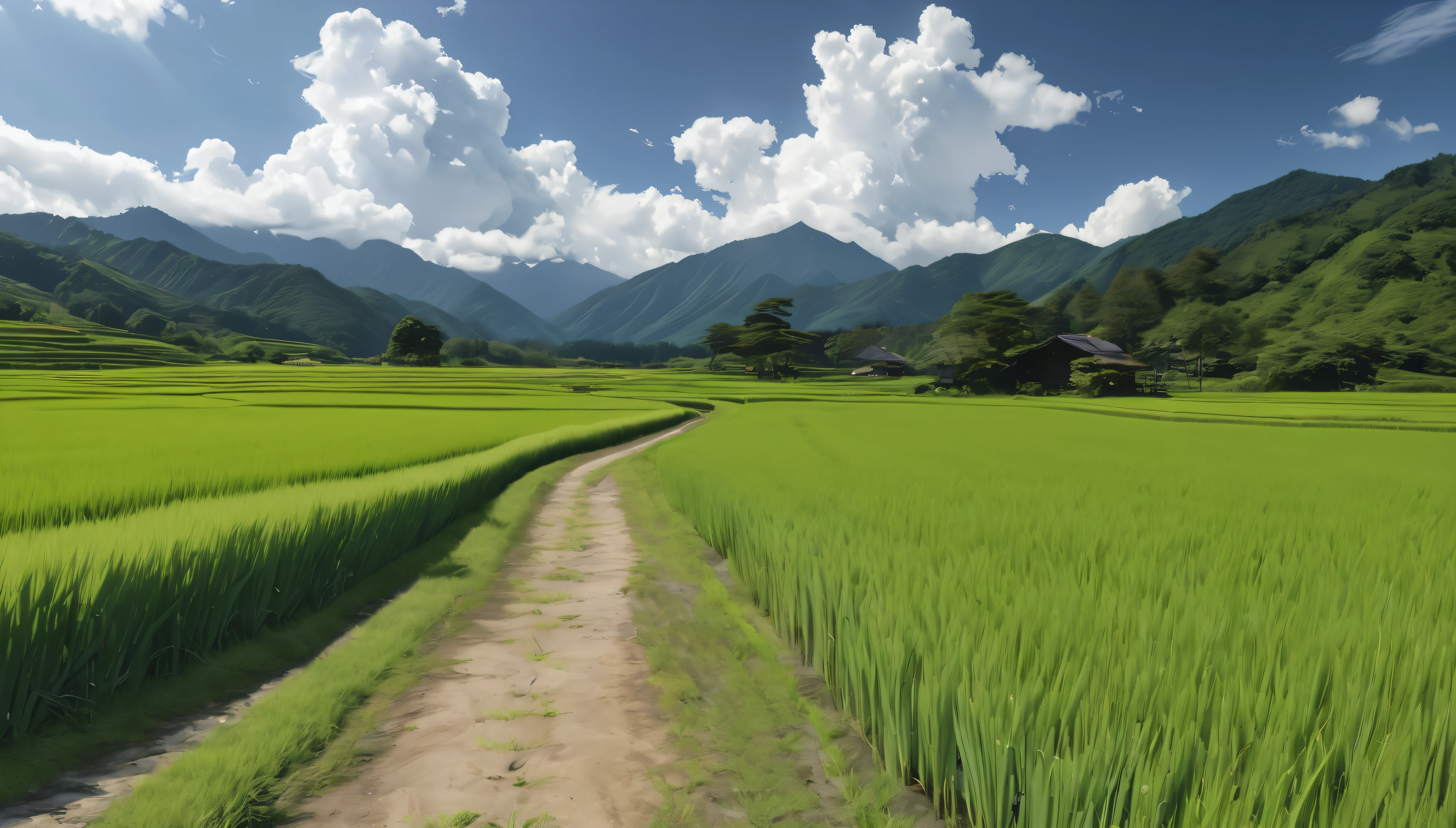 a peaceful rural japanese landscape, lush green rice fields, winding dirt paths, summer day, clear skies, towering cumulus clouds, midday sunlight, (best quality,4k,8k,highres,masterpiece:1.2),ultra-detailed,(realistic,photorealistic,photo-realistic:1.37),HDR,UHD,studio lighting,vivid colors,professional