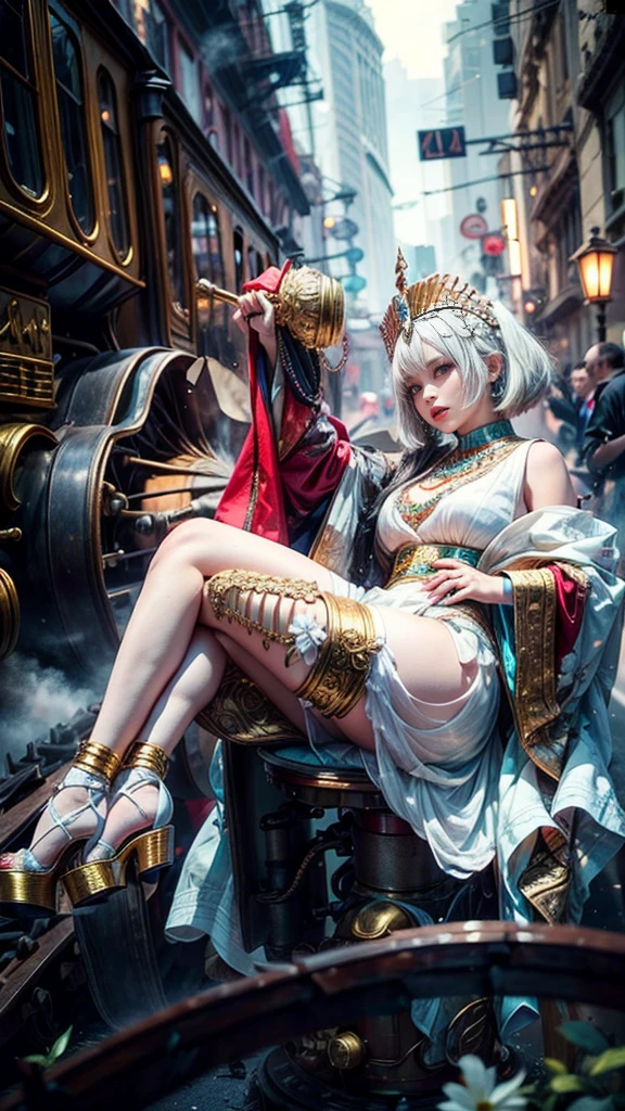 White-skinned pharaoh Tia rides on a steam engine,She has white hair and gray hair,look up,Wear platform shoes,Have bangs,intoxicated expression ,extravagant,She has short hair,Have a pair of big golden eyes,Wearing clothes full of jewels, wear shorts,very thick thighs,fair skin,White flowers,fat legs,soybeans, Japanese jewelry, thick and tight,legs crossed, morning, high-end, many details, Sharp mullet focus, actual.