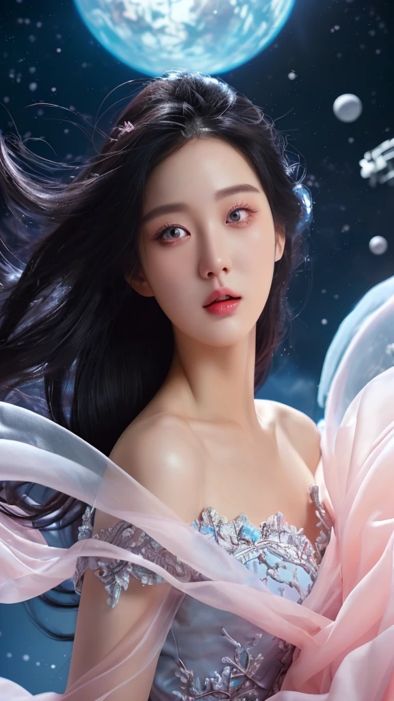 realistic photography, detailed, 3d; Korean woman, long black hair. romantic, floating organza, wavy chiffon fabric, studio lighting, outer space, Intricate, Sharp Focus, Concept Art, Artstation, Digital painting, Highly detailed, Concept art, Coral pink pastel, White pastel, Blue pastel, Pink pastel, Sci-fi, Futuristic, Silver Hyperrealism, high quality, highly detailed, very detailed
