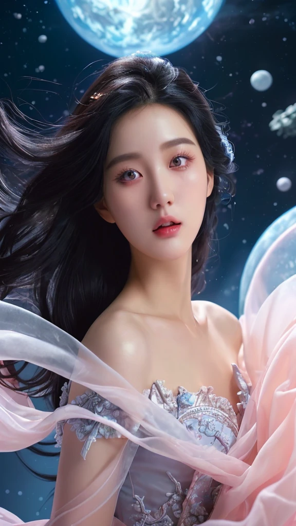 realistic photography, detailed, 3d; Korean woman, long black hair. romantic, floating organza, wavy chiffon fabric, studio lighting, outer space, Intricate, Sharp Focus, Concept Art, Artstation, Digital painting, Highly detailed, Concept art, Coral pink pastel, White pastel, Blue pastel, Pink pastel, Sci-fi, Futuristic, Silver Hyperrealism, high quality, highly detailed, very detailed