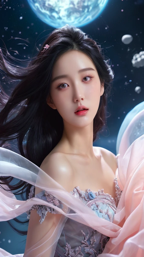 realistic photography, detailed, 3d; Korean woman, long black hair. romantic, floating organza, wavy chiffon fabric, studio lighting, outer space, Intricate, Sharp Focus, Concept Art, Artstation, Digital painting, Highly detailed, Concept art, Coral pink pastel, White pastel, Blue pastel, Pink pastel, Sci-fi, Futuristic, Silver Hyperrealism, high quality, highly detailed, very detailed