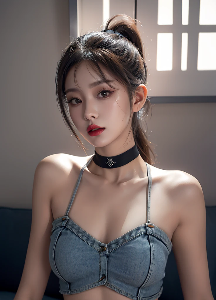 super high quality，8k，Gal，Sexy and feminine, High and cold，Fascinating，The head proportions are perfect，Grey high ponytail，Wear short tops, Torn denim shorts，Fiery red lips，Swan neck，choker，The sun is shining