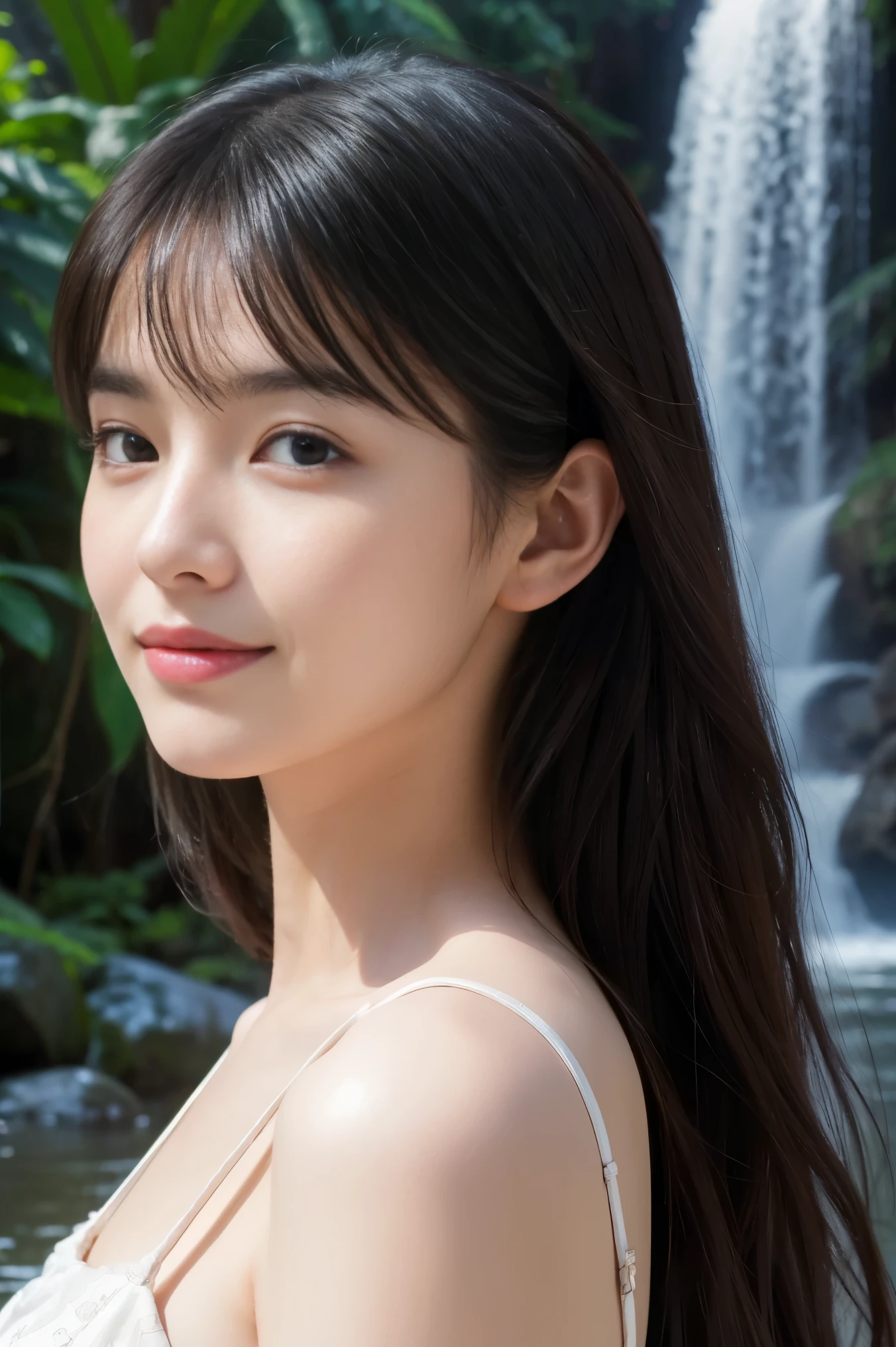 (ultra realistic) , (illustration), (increase resolution), (8K), (extremely detailed), (best illustration), (beautiful detailed eyes), (best quality), (ultra-detailed), (masterpiece), (wallpaper), (detailed face), 1 girl, black straight hair, slender body, delicate details, in the dark, deep shadow, low key, pureerosfaceace_v1, happy smile, summer dress, waterfall, rainforest