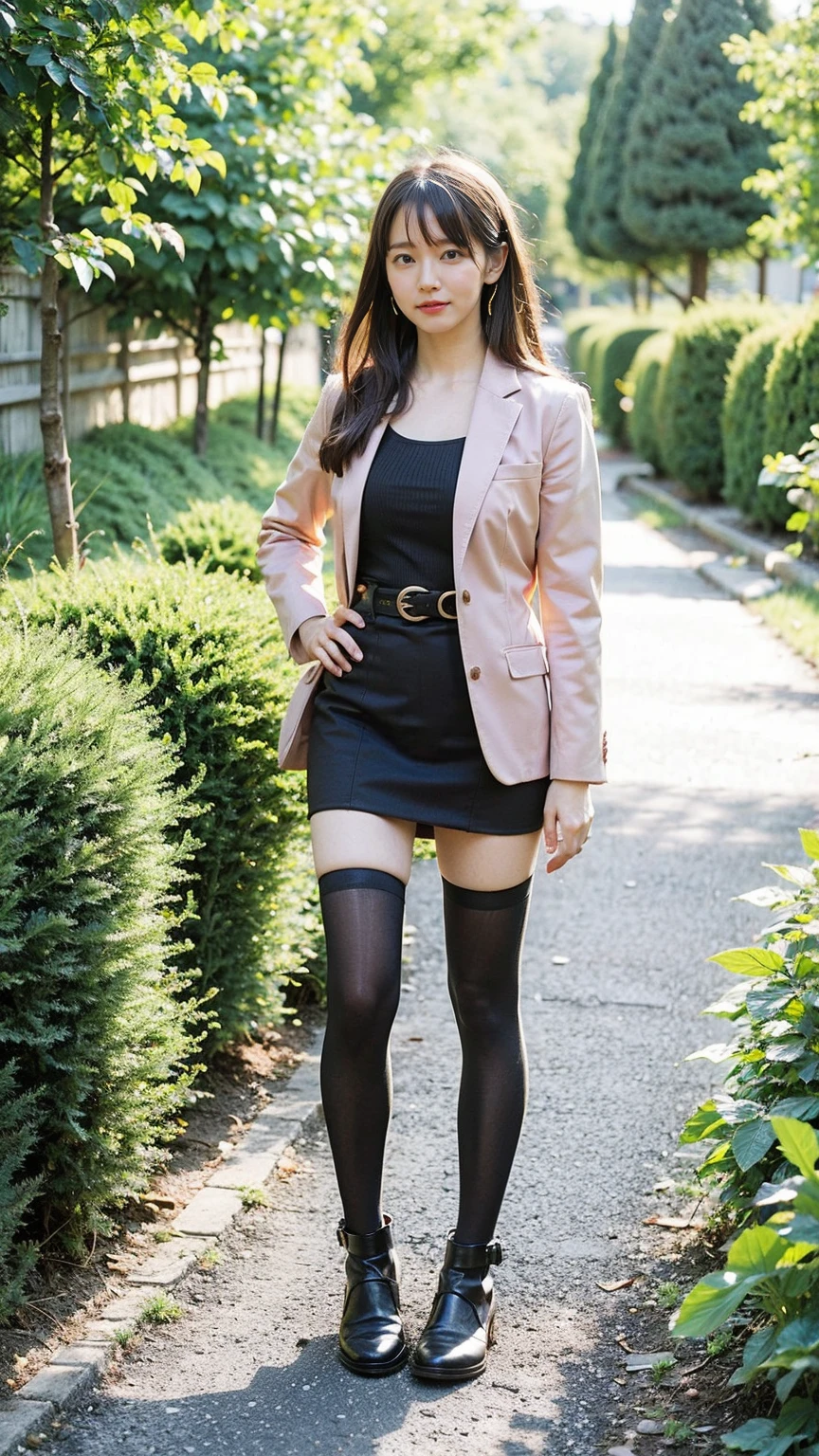 (8k、RAW Photos、Highest quality、masterpiece:1.2)、(Realistic、Realistic)、1 girl、((mini skirt、Pink Suit、black、Thin legs、whole body、boots、one piece、tights、garden、View from the front、Looking into the camera、belt、Stand with hands on hips))、cute