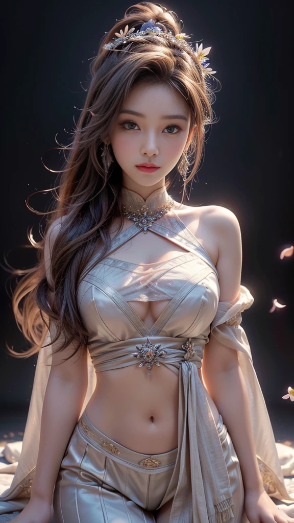 (best quality,high resolution,masterpiece:1.2),Extremely detailed,Practical:1.37,Traditional portrait style,Detailed face and eyes,Beautiful lips,Fine brushwork,Soft, Flowing hair,Delicate flowers blooming in the background,Subtle color palette,Soft lighting,A seamless blend of reality and fantasy,Ethereal atmosphere,Traditional Beauty,Seductive pose,Antique Clothes,Colorful but not harsh,Subtle textures,Attention to detail,Beautiful posture,Expressive eyes,Female characteristics,ingenious composition,Artistic talent,An evocative gaze,Dreamy atmosphere,A sensual and elegant performance,The perfect balance of elegance and sensuality,Delicate facial features and expressions.