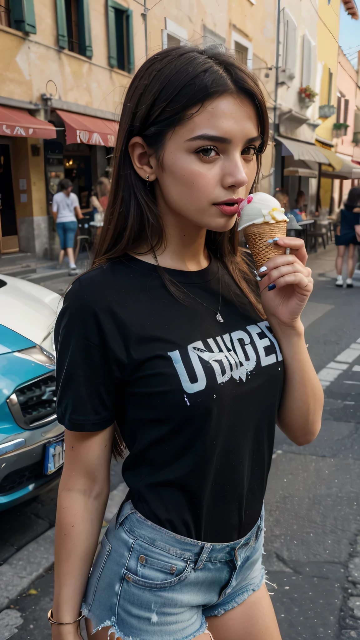 (best quality,ultra HD,realistic:1.2),pretty woman, in italy, eating ice cream cone, black shirt, denim shorts, naughty expression, ultra-detailed, vivid colors