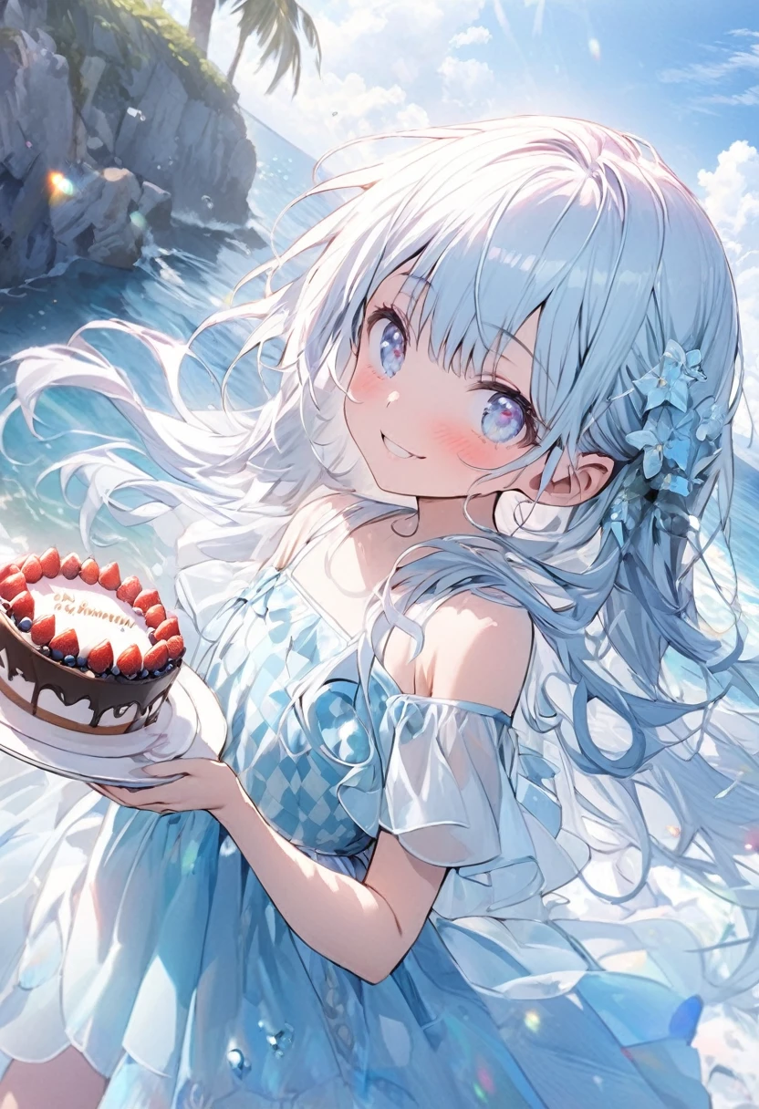 masterpiece, best quality, extremely detailed, (illustration, official art:1.1), 1 girl ,(((( light blue long hair)))), ,(((( light blue long hair)))),light blue hair, , long hair ((blush)) , cute face, big eyes, masterpiece, best quality,(((((a very delicate and beautiful girl))))),Amazing,beautiful detailed eyes,blunt bangs((((little delicate girl)))),tareme(true beautiful:1.2), sense of depth,dynamic angle,,,, affectionate smile, (true beautiful:1.2),,(tiny 1girl model:1.2),)(flat chest), blue eyes. holding a cake with stars. summer. Flappers. birthday. present. blue checkered dress. shoes. artist