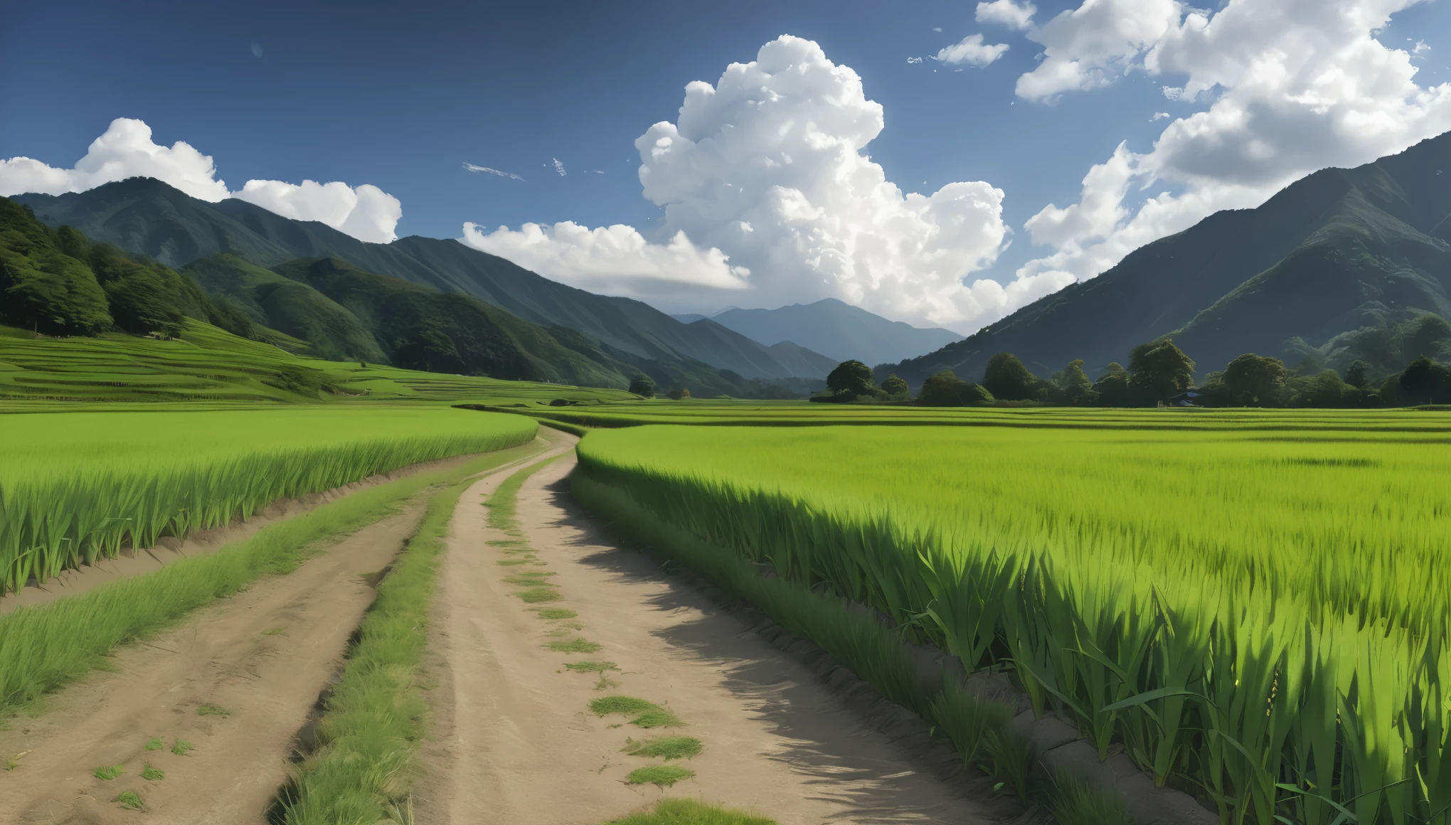 a peaceful rural japanese landscape, lush green rice fields, winding dirt paths, summer day, clear skies, towering cumulus clouds, midday sunlight, (best quality,4k,8k,highres,masterpiece:1.2),ultra-detailed,(realistic,photorealistic,photo-realistic:1.37),HDR,UHD,studio lighting,vivid colors,professional