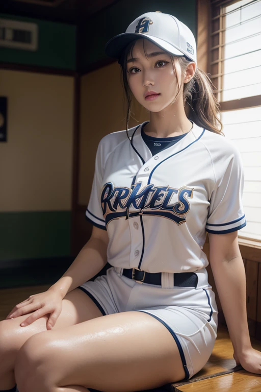 (Highest quality,8k,High resolution,Masseter region:1.2),Very detailed,((Pitcher 1 before pitching.2)),Portraiture,Dynamic Angle,((Glowing Skin 1.5)),Women's Softball Players,((Sweatだく1.5)),Wear a baseball cap,cute,sporty,Attractive face,((Short Sleeve Baseball Uniforms,Shorts 1.3)),Beautiful Face,Extremely realistic skin,Wet Skin,Sweat,Large Breasts,Tight waist,Beautiful feet ,((Thighs)),sporty,court,Cinema Lighting,