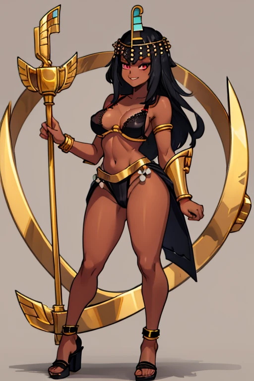 female, black long hair, red eyes, dark skin, (((1girl))), (((black and gold bra))), (black black and gold panties), (gold heeled sandals), (gold headdress), (gold jewelry), cute and sexy, full body, large breasts, large butt, long legs, smiling, standing