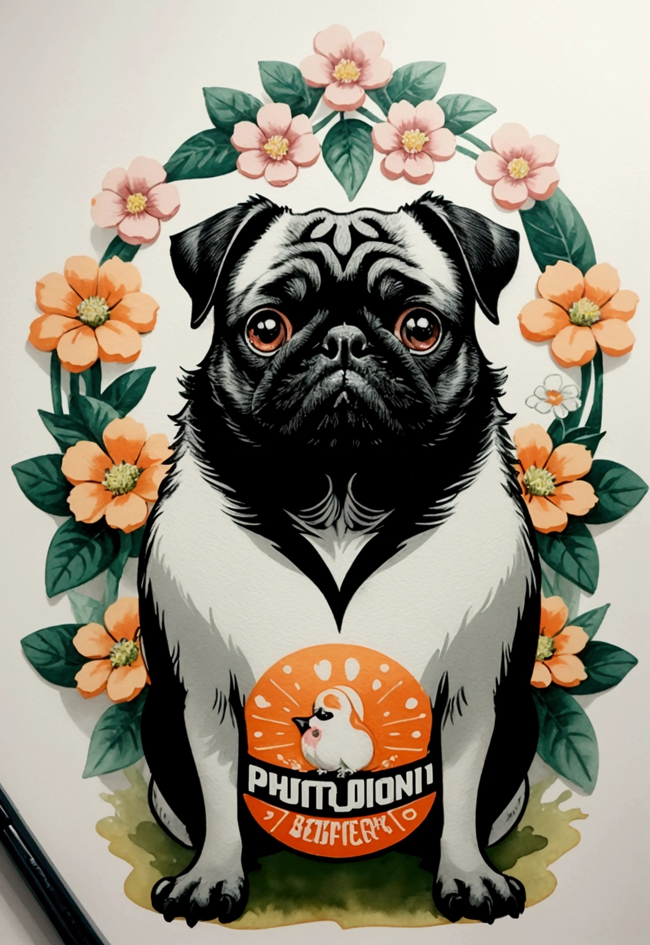 STICKER, A detailed illustration a print of vivid cute Black Pug head, fantasy flowers splash, vintage t-shirt design, in the style of Studio Ghibli, white and orange flora pastel tetradic colors, 3D vector art, cute and quirky, fantasy art, watercolor effect, bokeh, Adobe Illustrator, hand-drawn, digital painting, low-poly, soft lighting, bird's-eye view, isometric style, retro aesthetic, focused on the character, 4K resolution, photorealistic rendering, using Cinema 4D