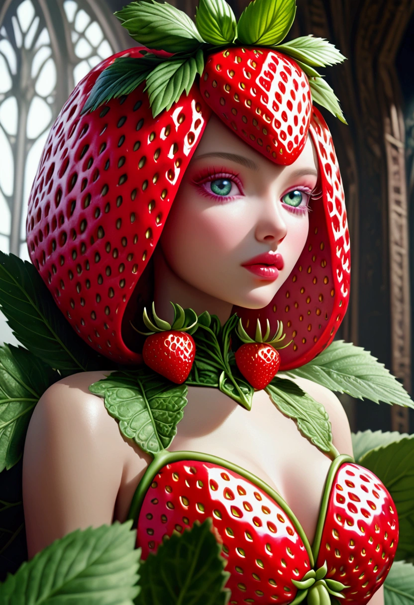 a beautiful strawberry alien girl with Strawberry-like Chest, wearing a cute dress, extremely detailed face, beautiful eyes, long eyelashes, detailed lips, highly realistic, 8k, masterpiece, photorealistic, intricate details, vivid colors, digital art, ethereal, fantasy, surreal