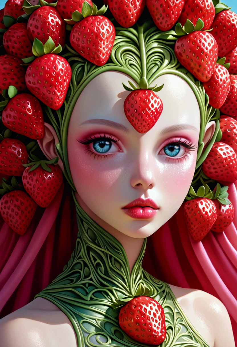 a beautiful strawberry alien girl with Strawberry-like Chest, wearing a cute dress, extremely detailed face, beautiful eyes, long eyelashes, detailed lips, highly realistic, 8k, masterpiece, photorealistic, intricate details, vivid colors, digital art, ethereal, fantasy, surreal