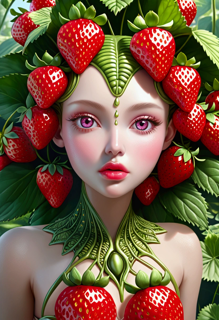 a beautiful strawberry alien girl with Strawberry-like Chest, wearing a cute dress, extremely detailed face, beautiful eyes, long eyelashes, detailed lips, highly realistic, 8k, masterpiece, photorealistic, intricate details, vivid colors, digital art, ethereal, fantasy, surreal